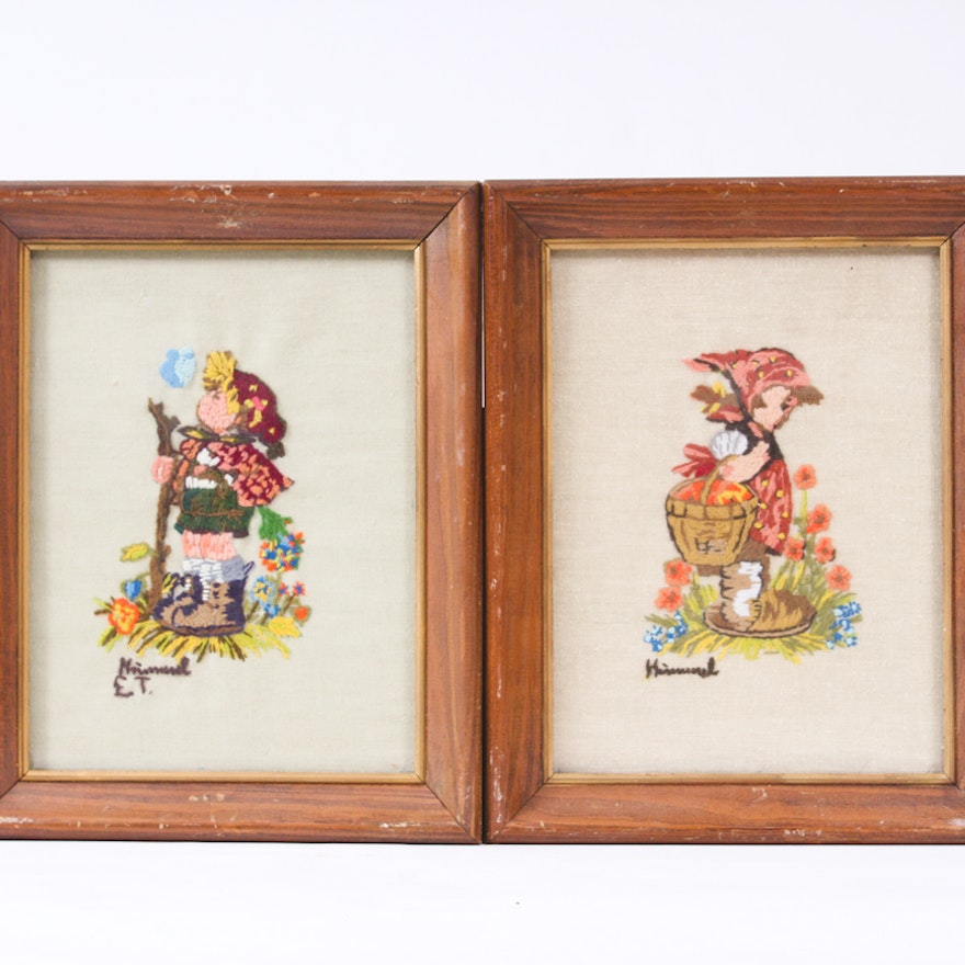 Pair of Framed Embroidered M.I. Hummel Illustrations