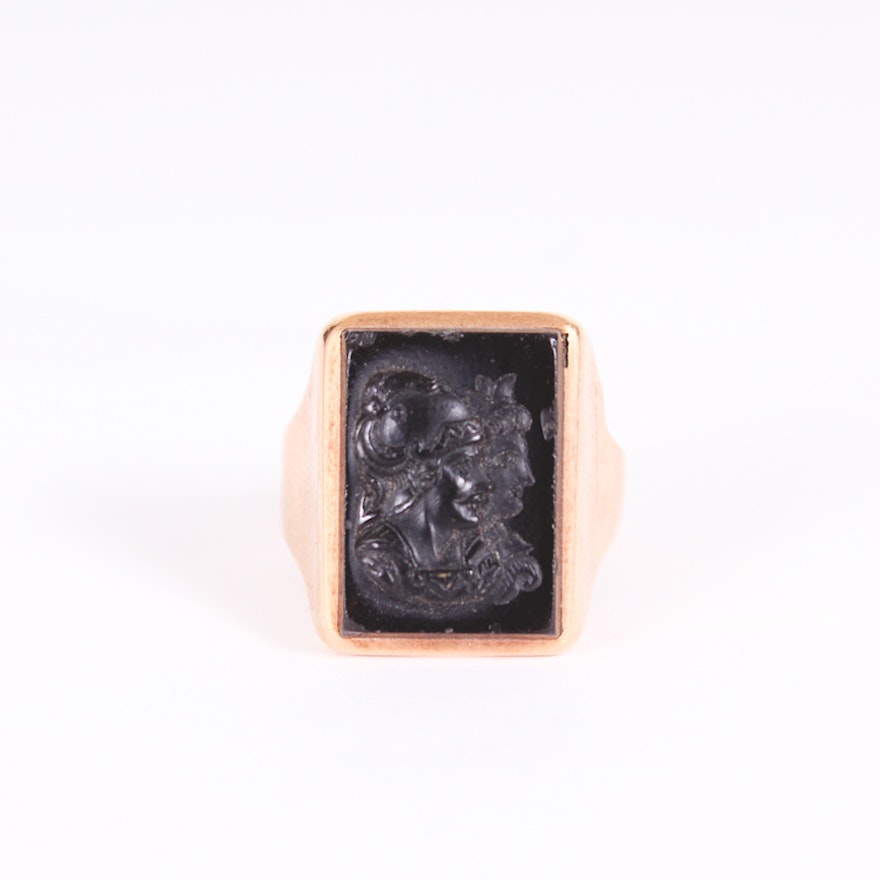 14K Yellow Gold Capita Jugata Black Onyx Carved Cameo Ring