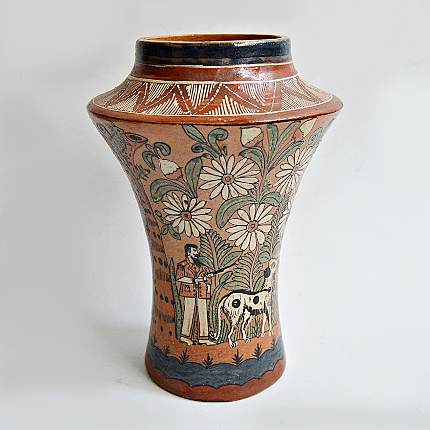 Early 19th Century Mexican Hand Painted Folk Art Terra Cotta Pottery Vase