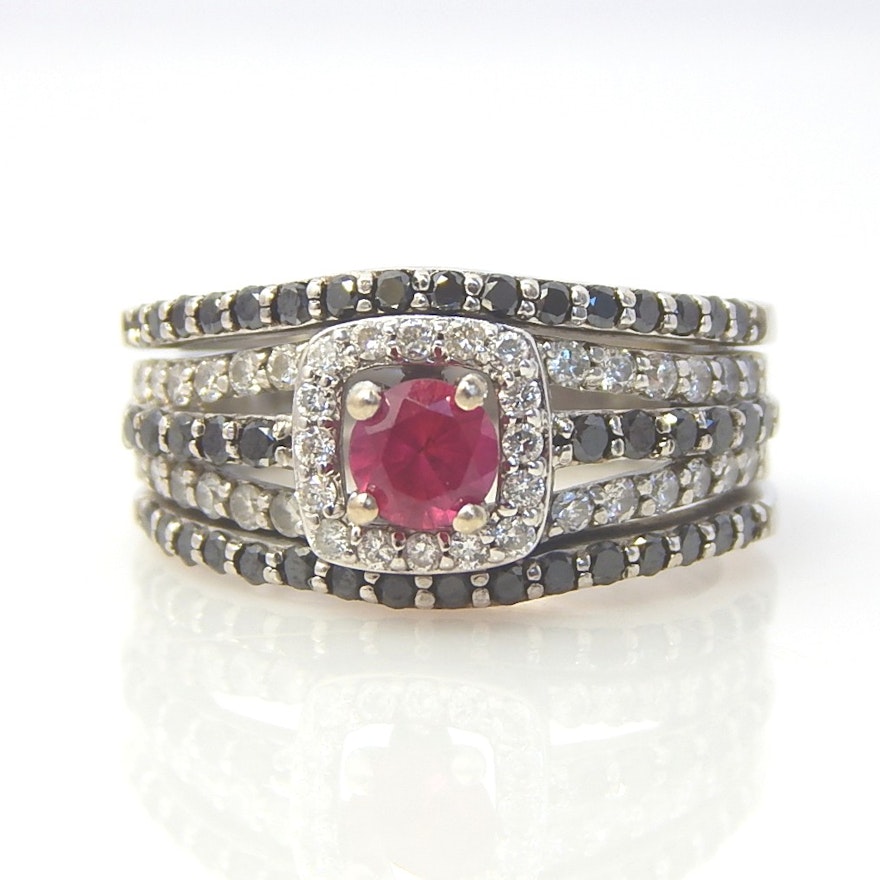 14K White Gold Synthetic Ruby and 1.11 CTW Diamond Ring