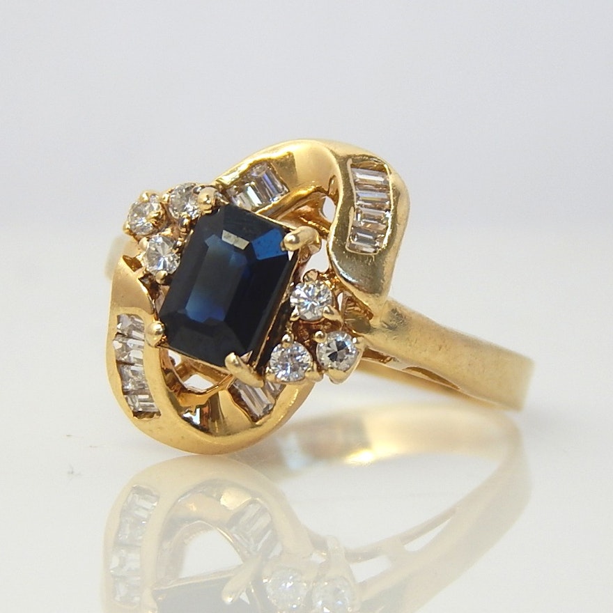 14K Yellow Gold Blue Sapphire and Diamond Ring