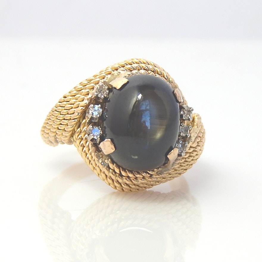 14K Yellow Gold Black Star Sapphire and Diamond Cocktail Ring