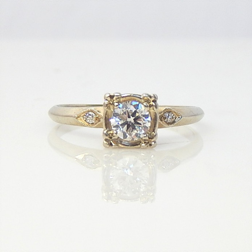 14K White Gold Vintage Inspired Old European Cut Diamond Solitaire Ring