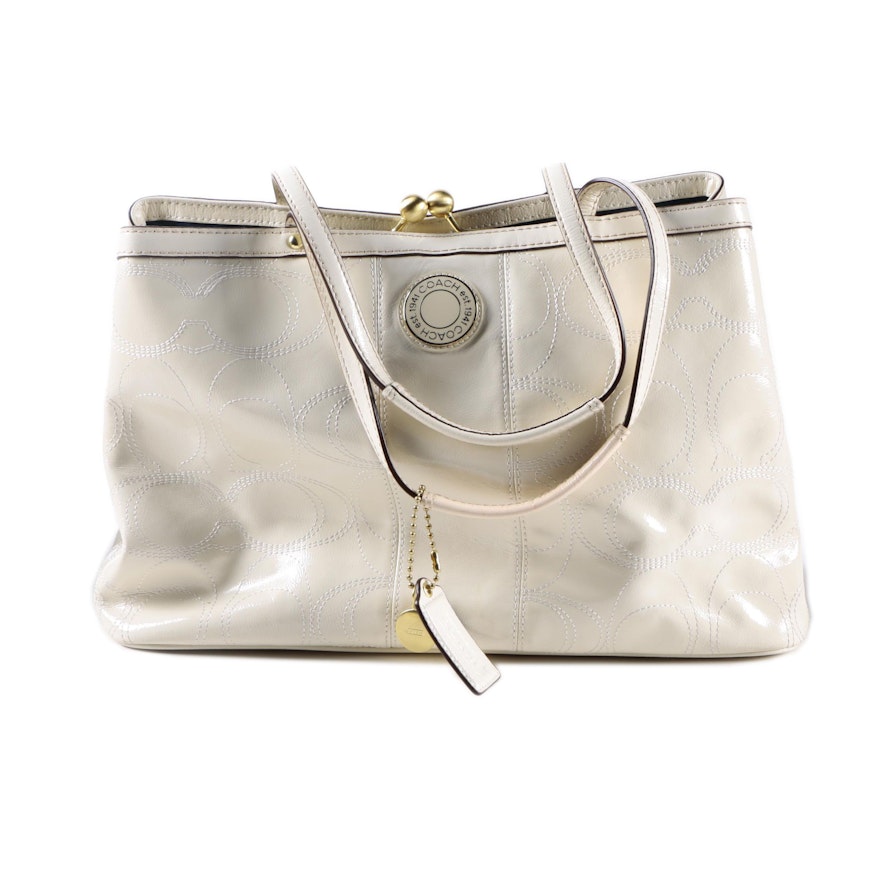 Coach Signature Stripe Stitched White Patent Leather Framed Carryall