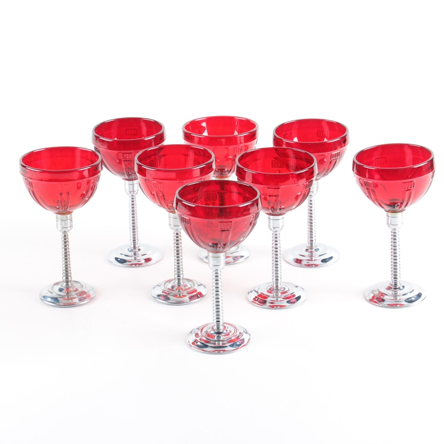 Red Glass and Silver Tone Stemmed Wine Glasses