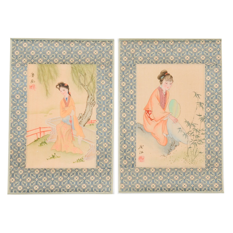 Pair of Asian Watercolors of Female Figures