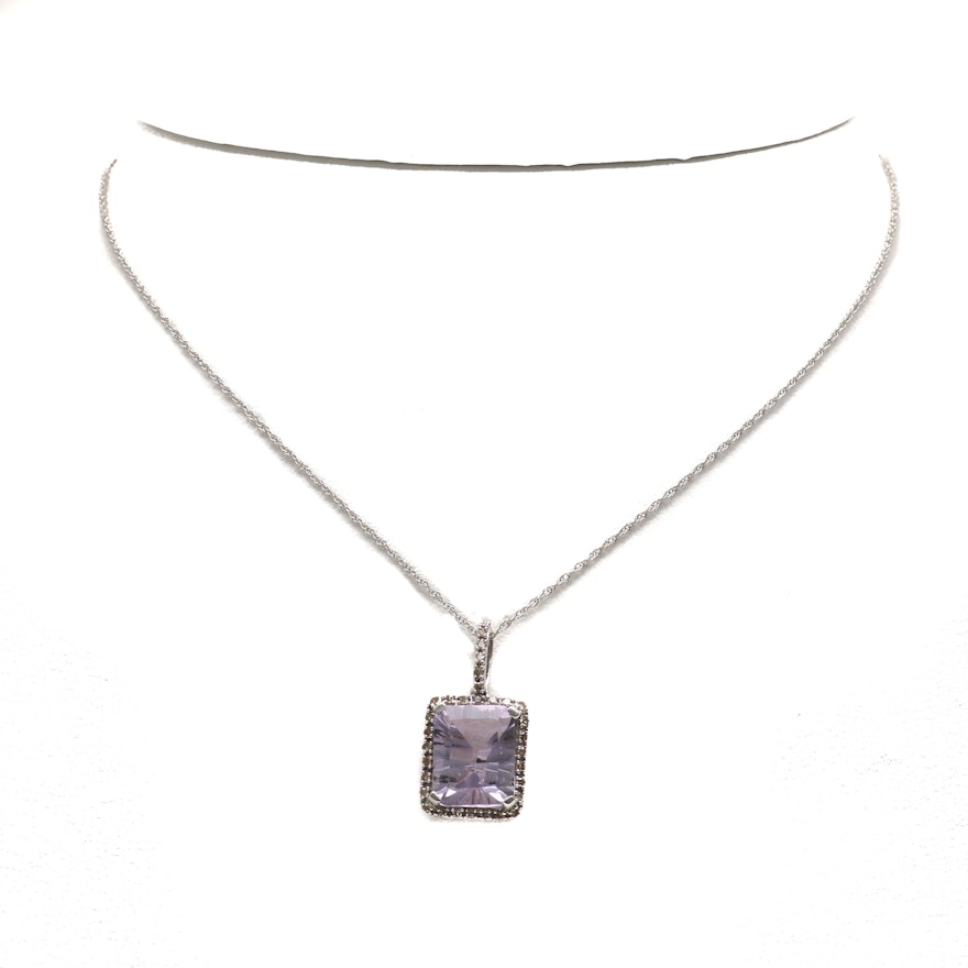 10K White Gold Amethyst and Diamond Pendant Necklace