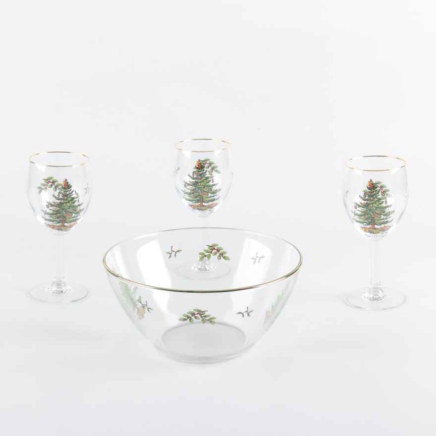 Spode 'Christmas Tree' Glass Salad Bowl and Wine Glasses