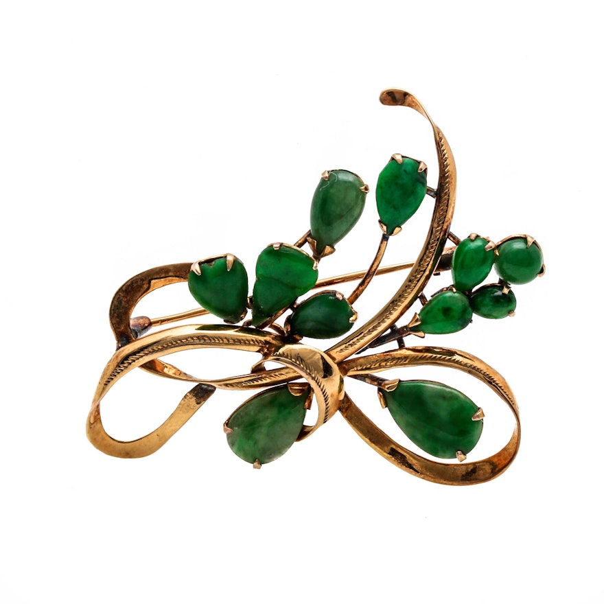 10K Yellow Gold Jadeite Brooch