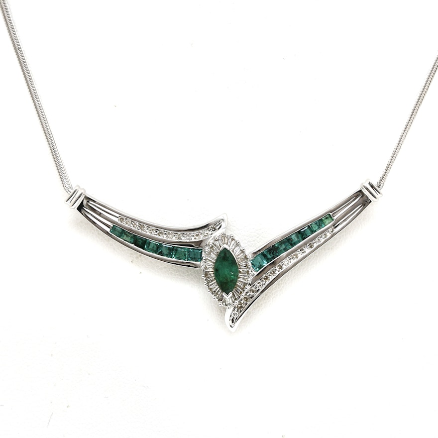 10K White Gold Emerald and Diamond Pendant Necklace