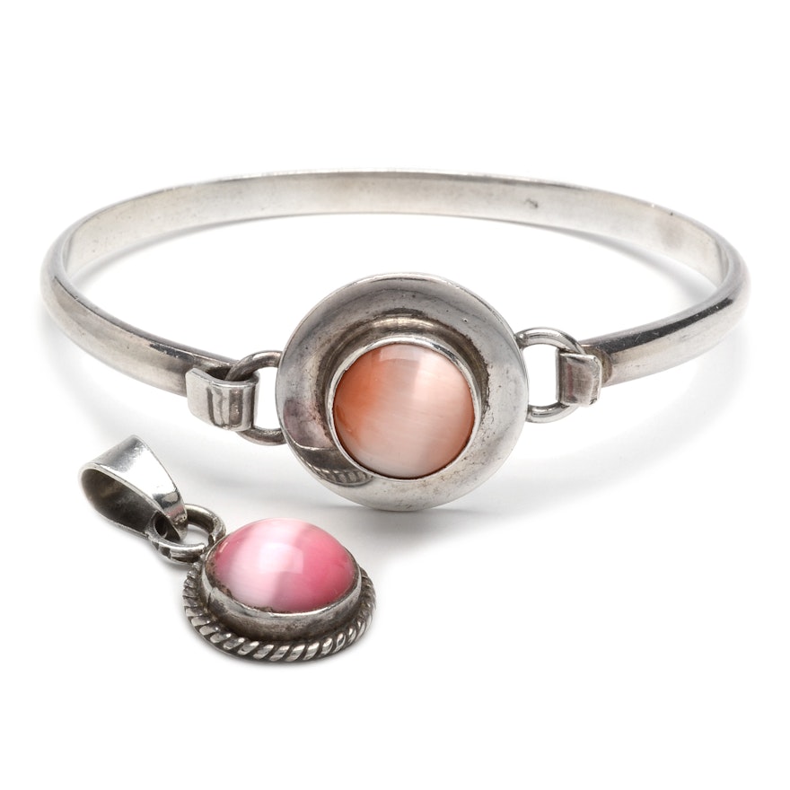 Sterling Silver Pink Glass Cat's Eye Bracelet and Pendant