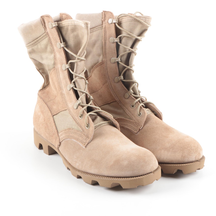 Men's Military Combat Boots in Tan Suede Leather and Fabric