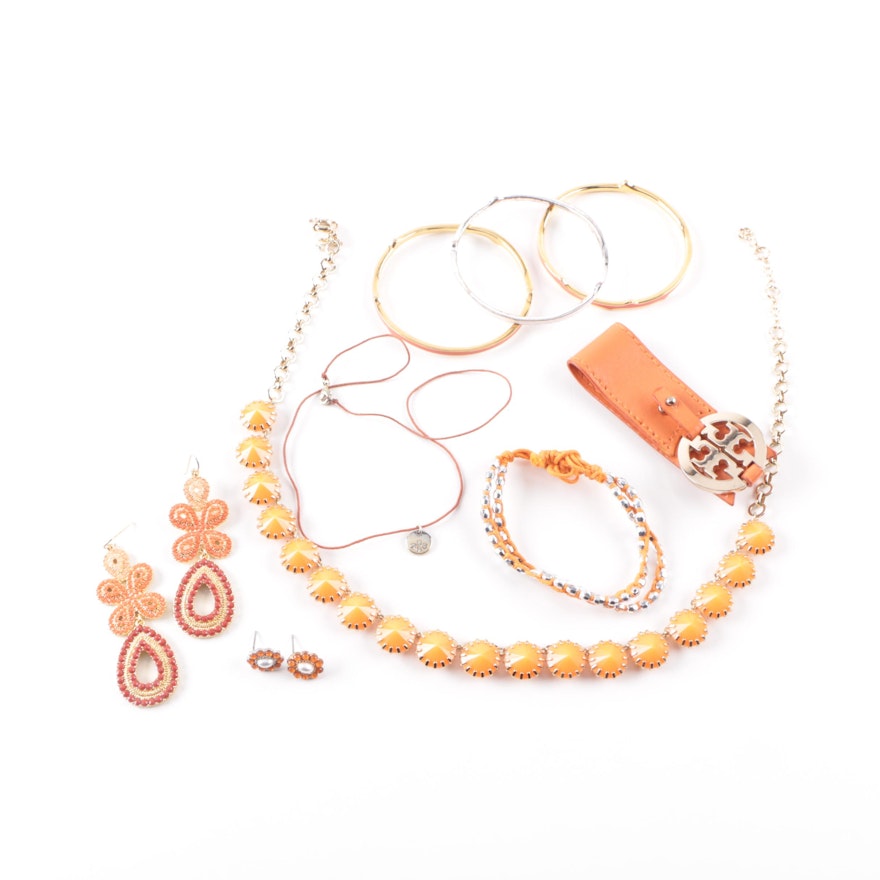 Orange Tone Jewelry Assortment Including Tory Burch Cuff Bracelet