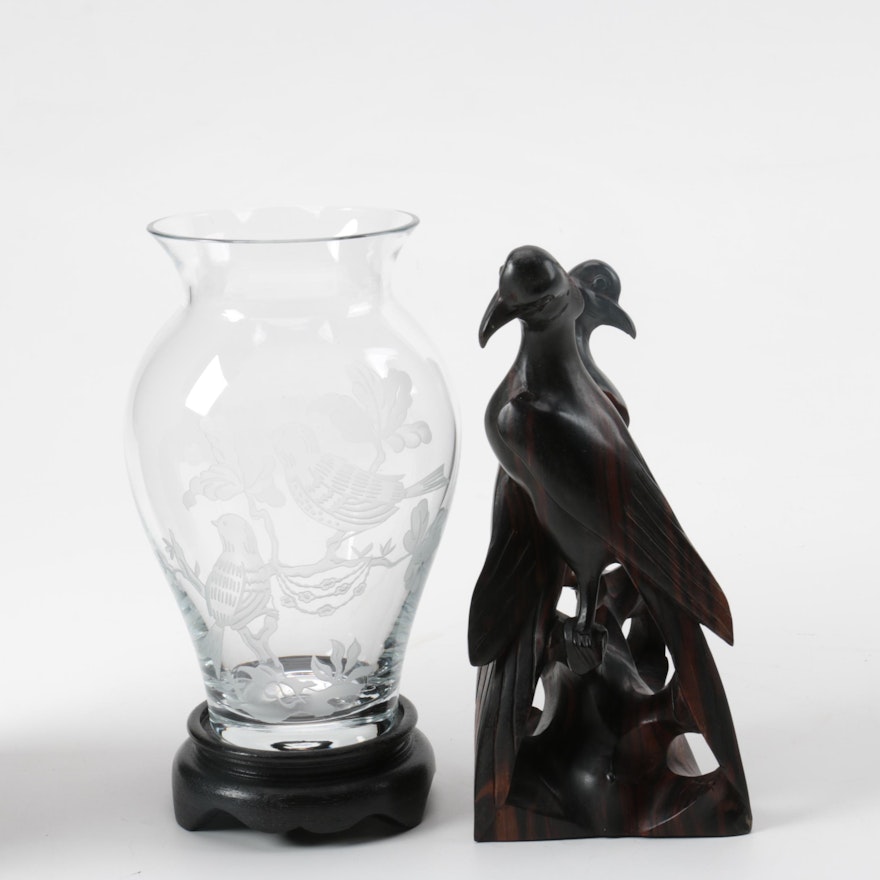 Carved Wooden Bird Statue and Vase