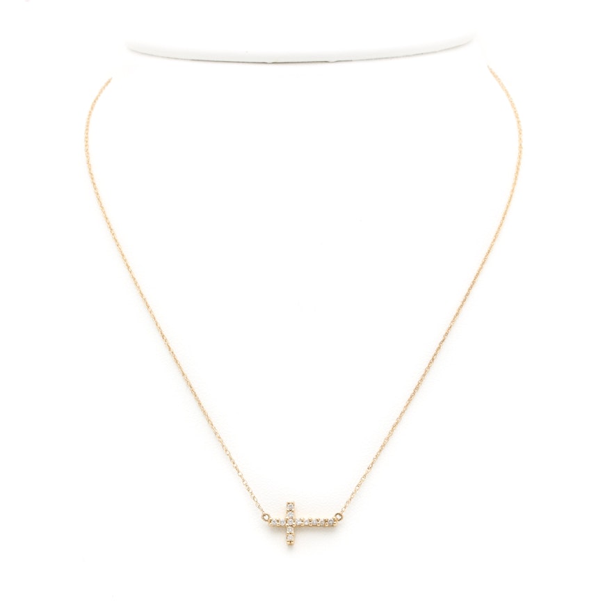 14K Yellow Gold Diamond Cross Necklace