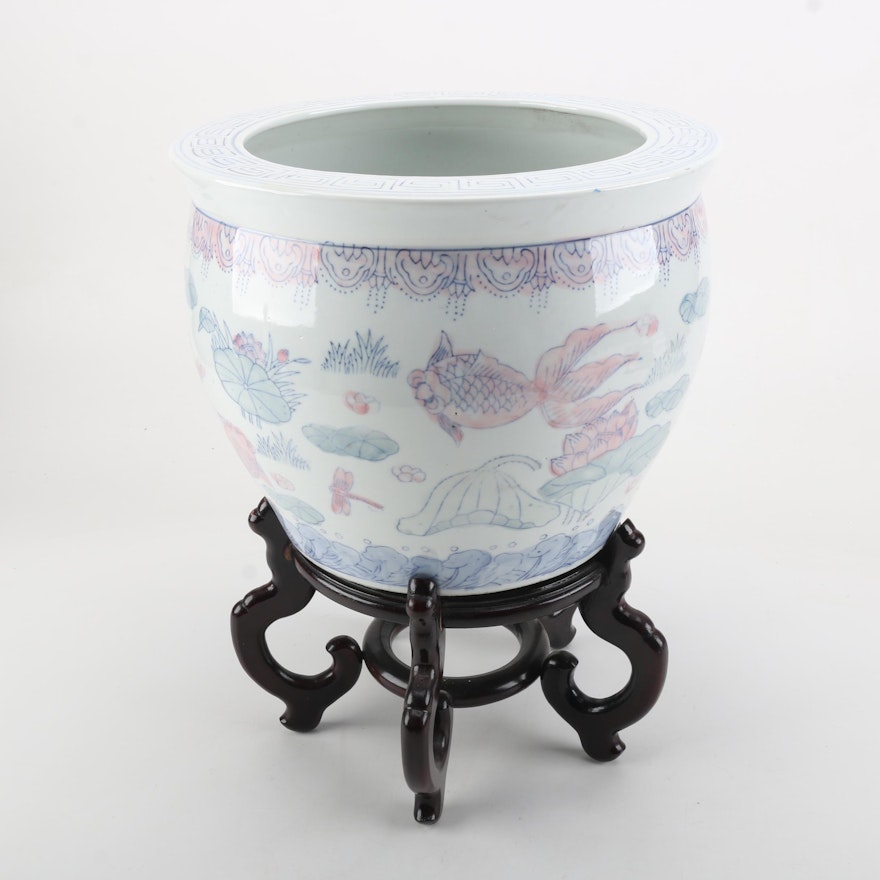 Chinese Stoneware Planter On Wood Stained Stand