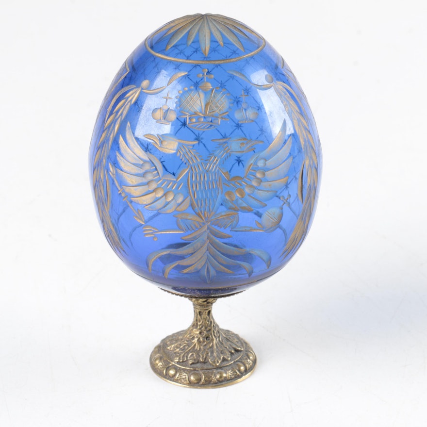 Faberge Style Cobalt Egg with Gold Double Eagle Design