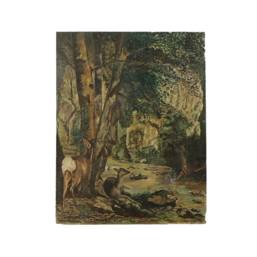 D. Adams Oil Painting on Canvas Board of Deer in Forest Scene