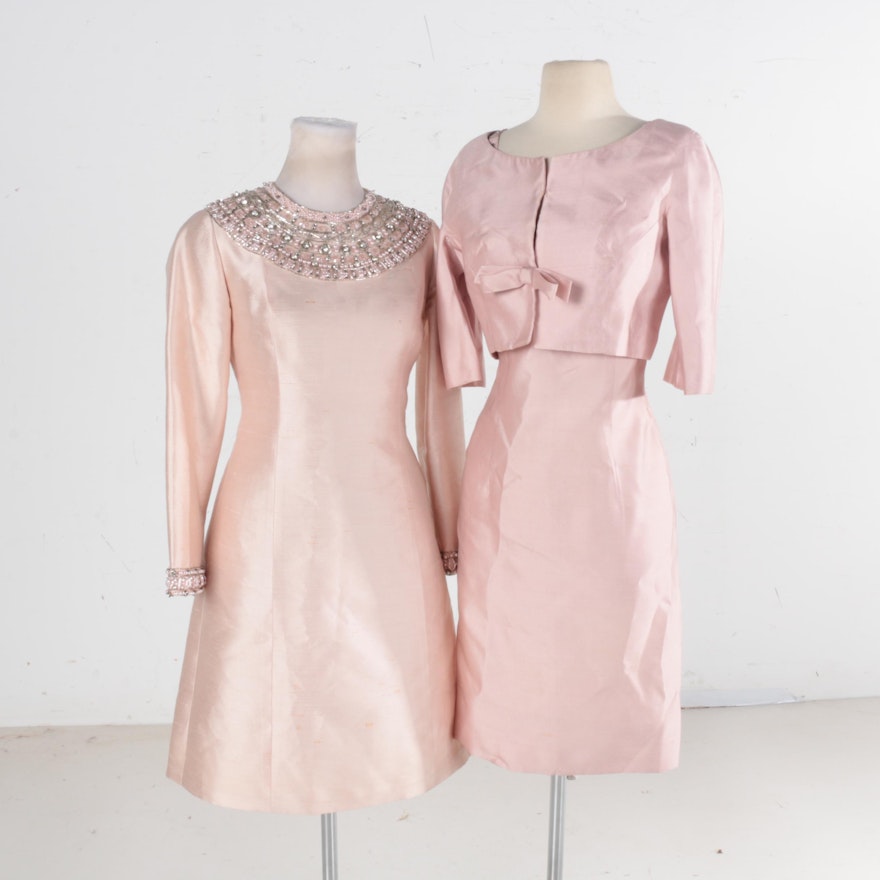 1950s and 60s Pink Satin Dresses and Jacket