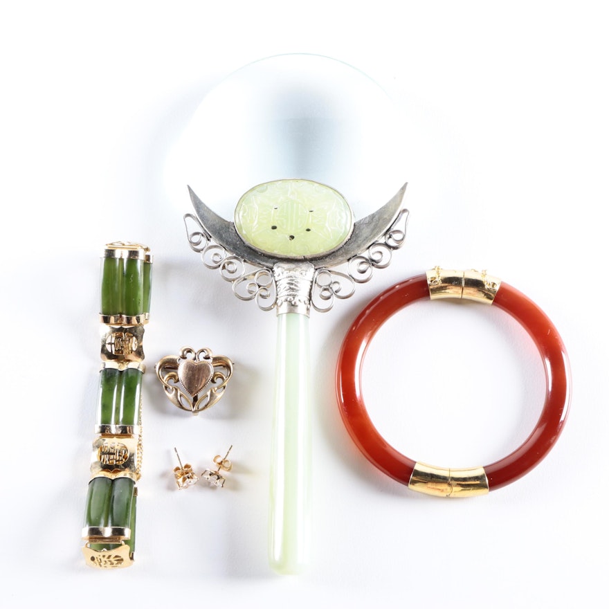 Grouping of Bracelets, Earrings, a Pin and Magnifying Glass