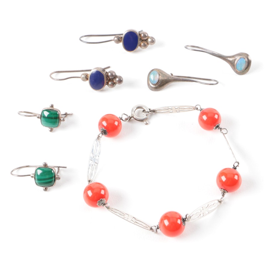 Sterling Silver Earrings and Bracelet Including Gemstones