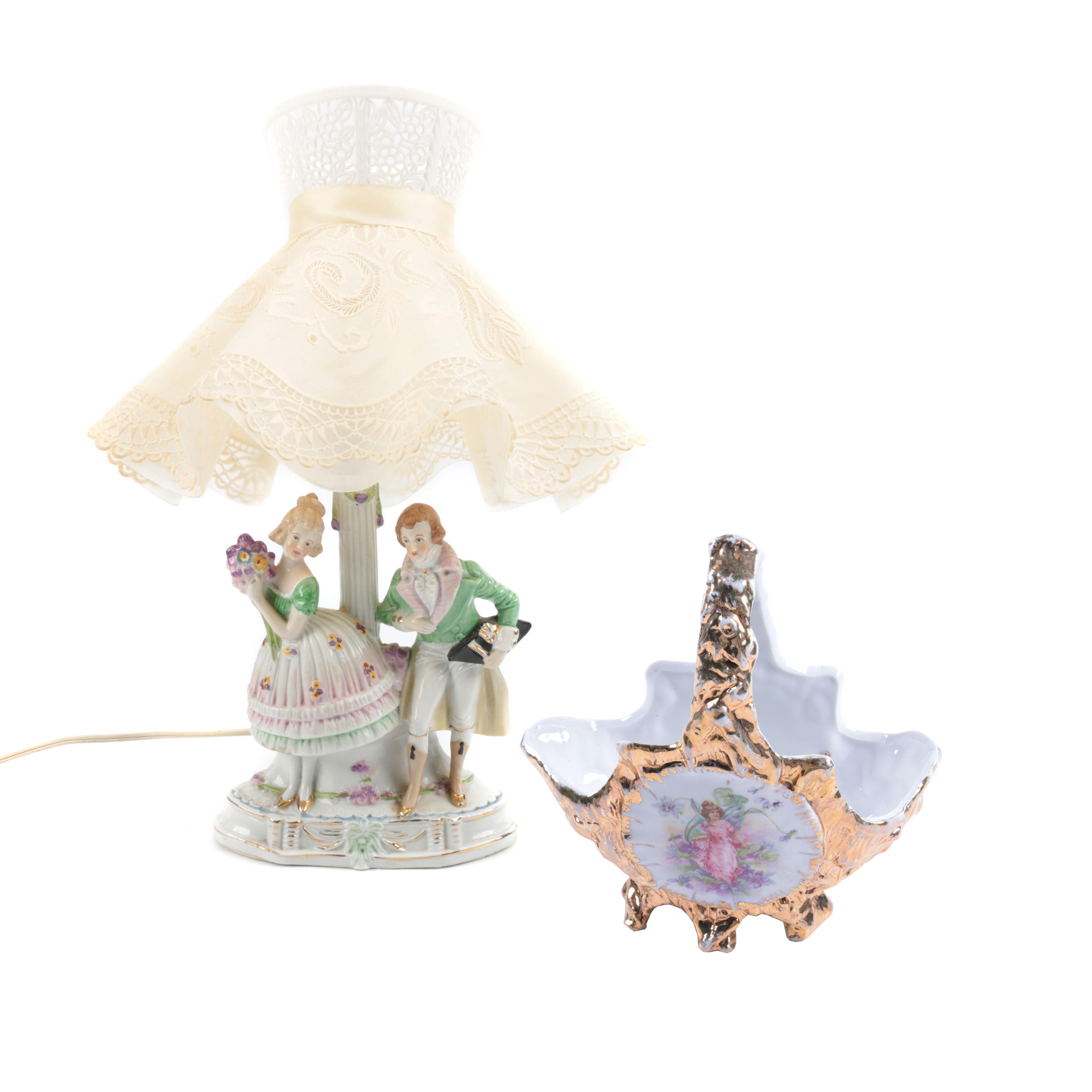 Vintage Figural Table Lamp with Candy Dish