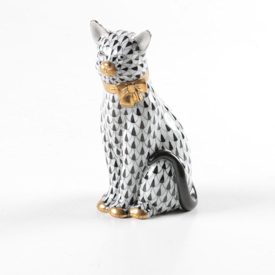 Herend Handmade and Hand-Painted Black Porcelain Cat with 24K Gold