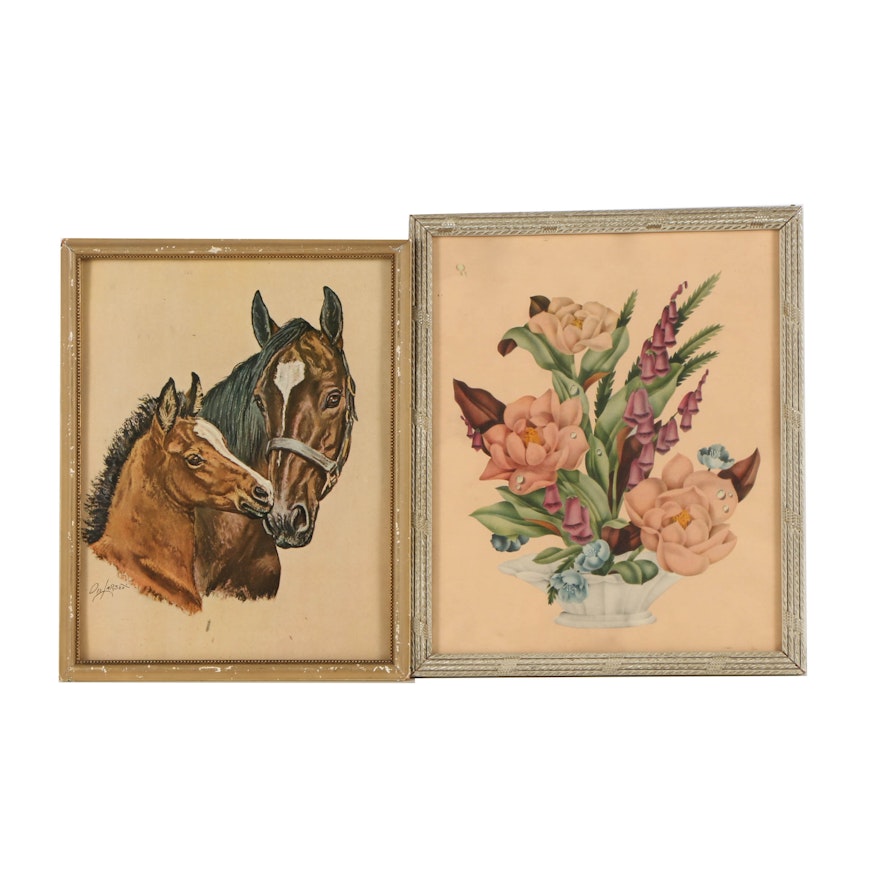 Reproduction Prints on Paper of Horse and Flower Studies