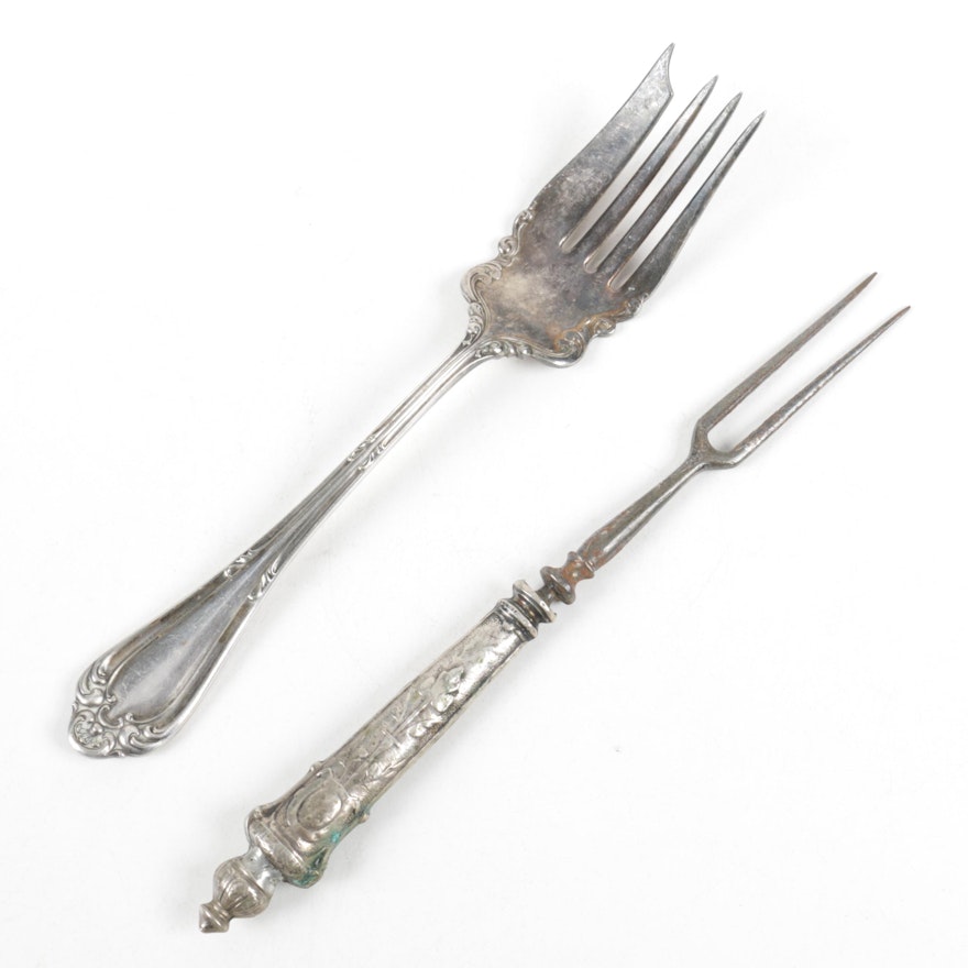 1835 R. Wallace Silver Plate Serving Fork and German Silver Plate Prong Fork