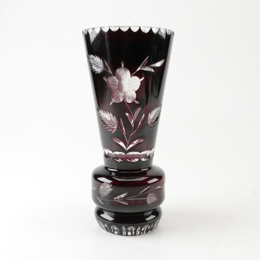 Bohemian Cut to Clear Ruby Red Etched Glass Vase