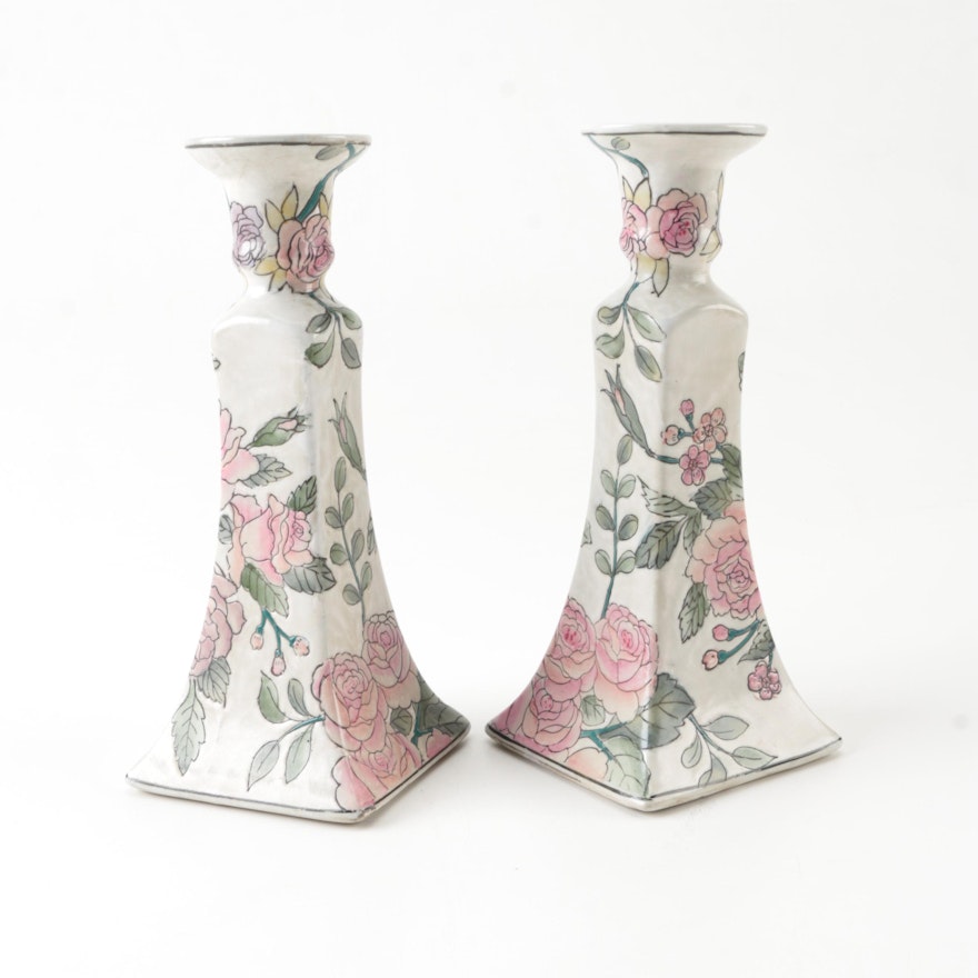 Macau Toyo "Coventry Garden" Porcelain Candlesticks