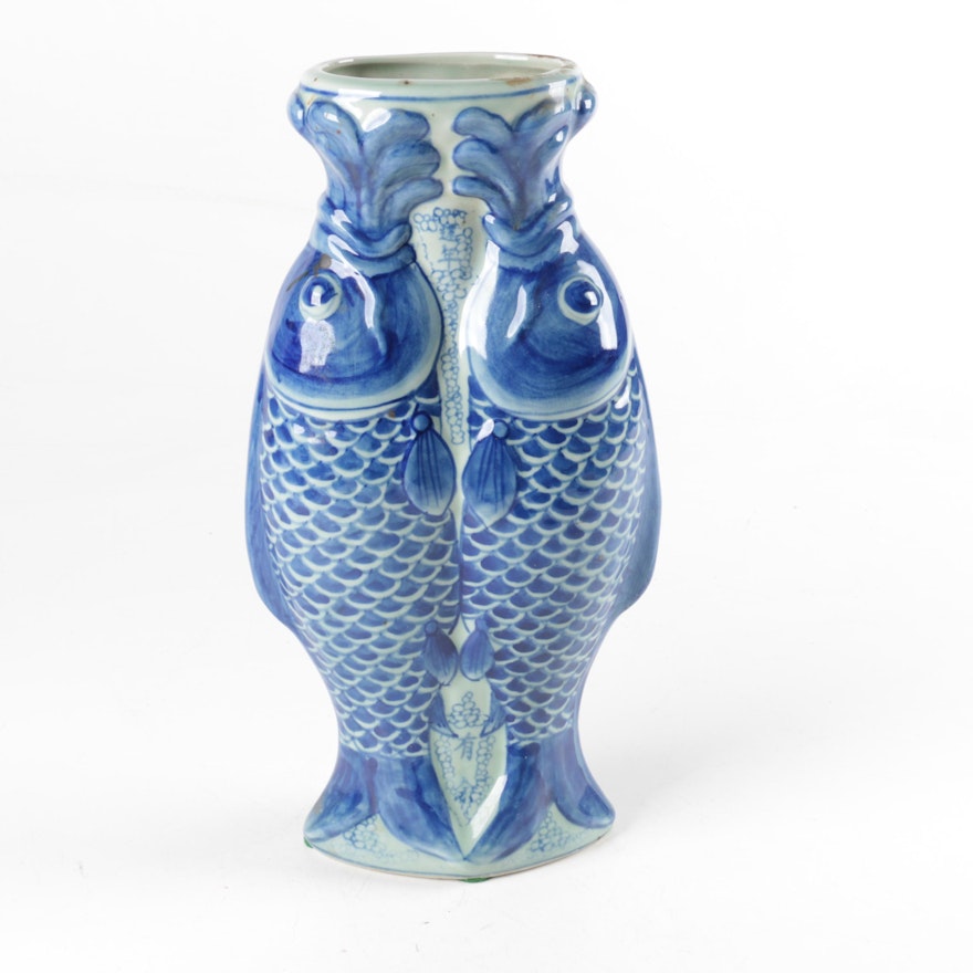 East Asian Inspired Blue and White Ceramic Koi Fish Vase