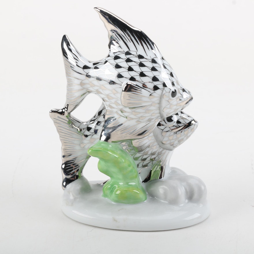 Herend Handmade and Hand-Painted Silver Tone Porcelain Pair of Fish Figurine