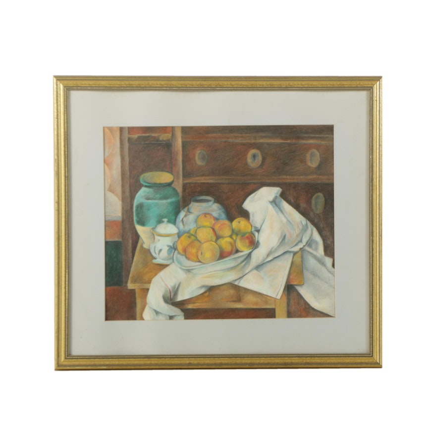 Pastel Drawing on Paper of Still Life Scene with Peaches