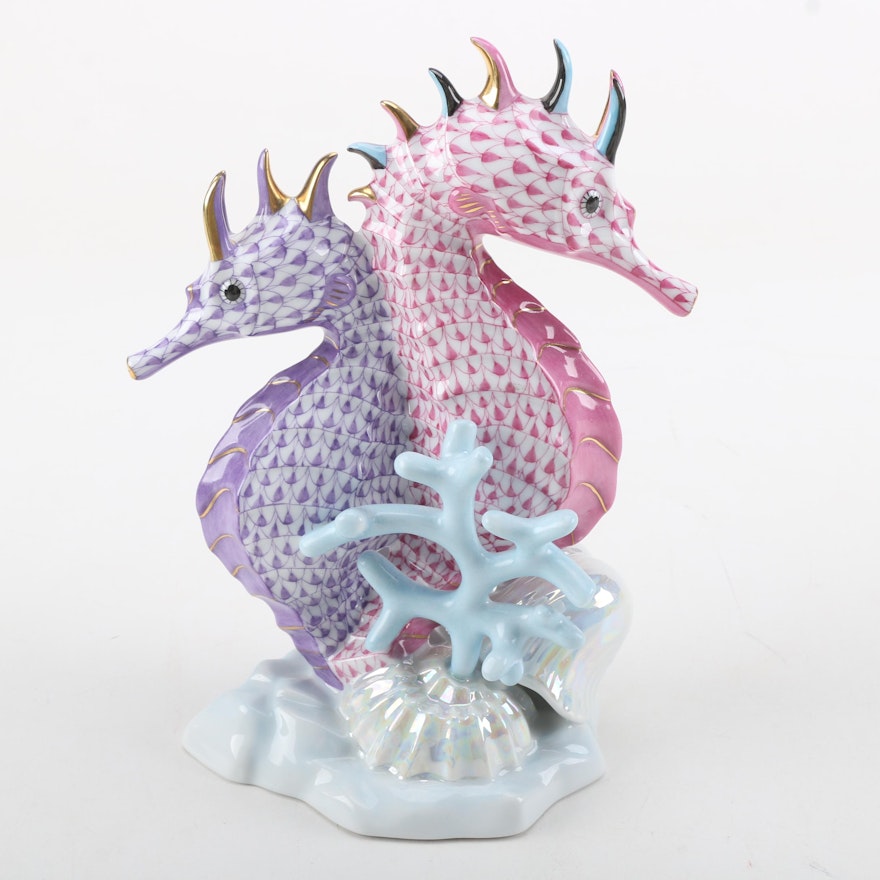 Herend Handmade and Hand-Painted Porcelain Seahorse Figurine with 24K Gold