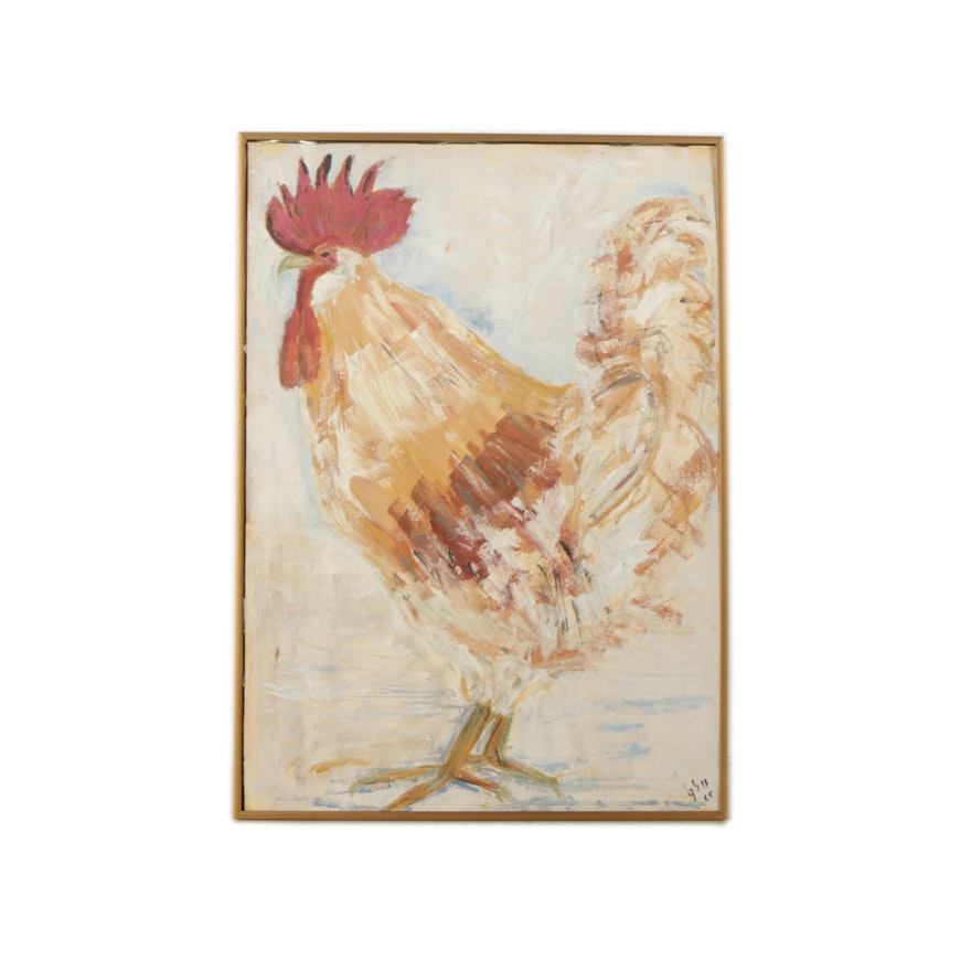 1965 Gouache Painting on Paper of a Rooster