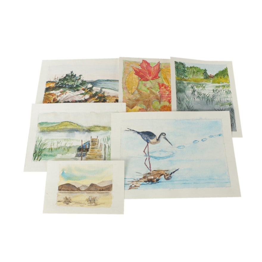 Collection of Watercolor Paintings on Paper of Nature and Landscape Scenes