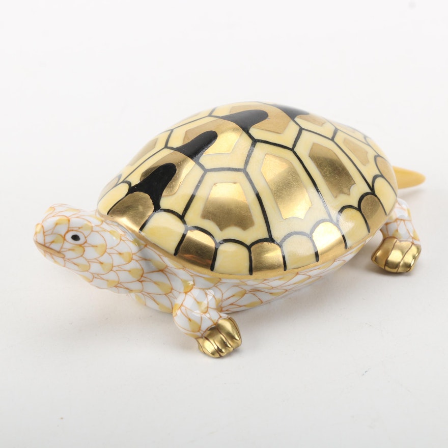 Herend Handmade and Hand-Painted Yellow Porcelain Turtle Figurine with 24K Gold