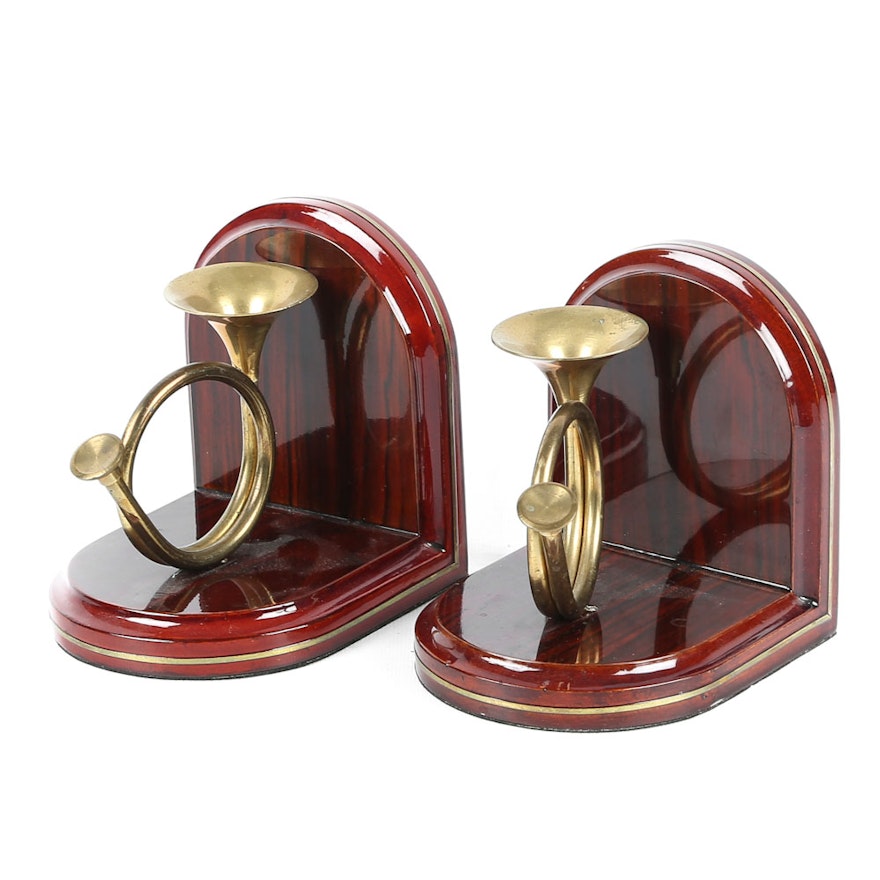 Brass French Horn Bookends on Mahogany Base