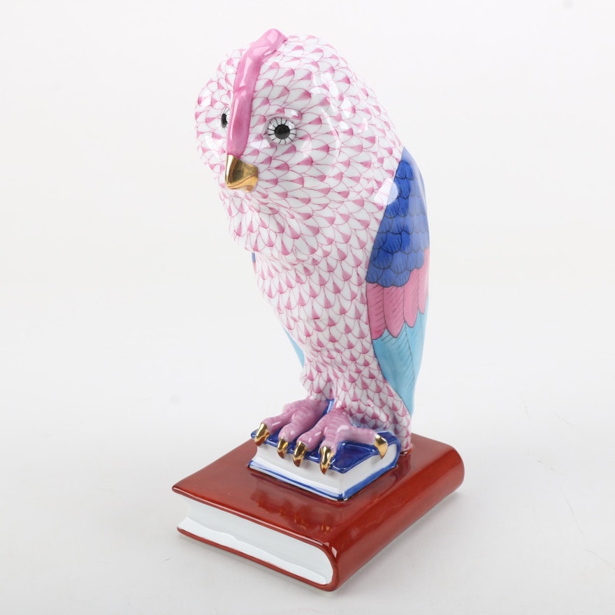 Herend Handmade and Hand-Painted Owl on Books Porcelain Figurine with 24K Gold