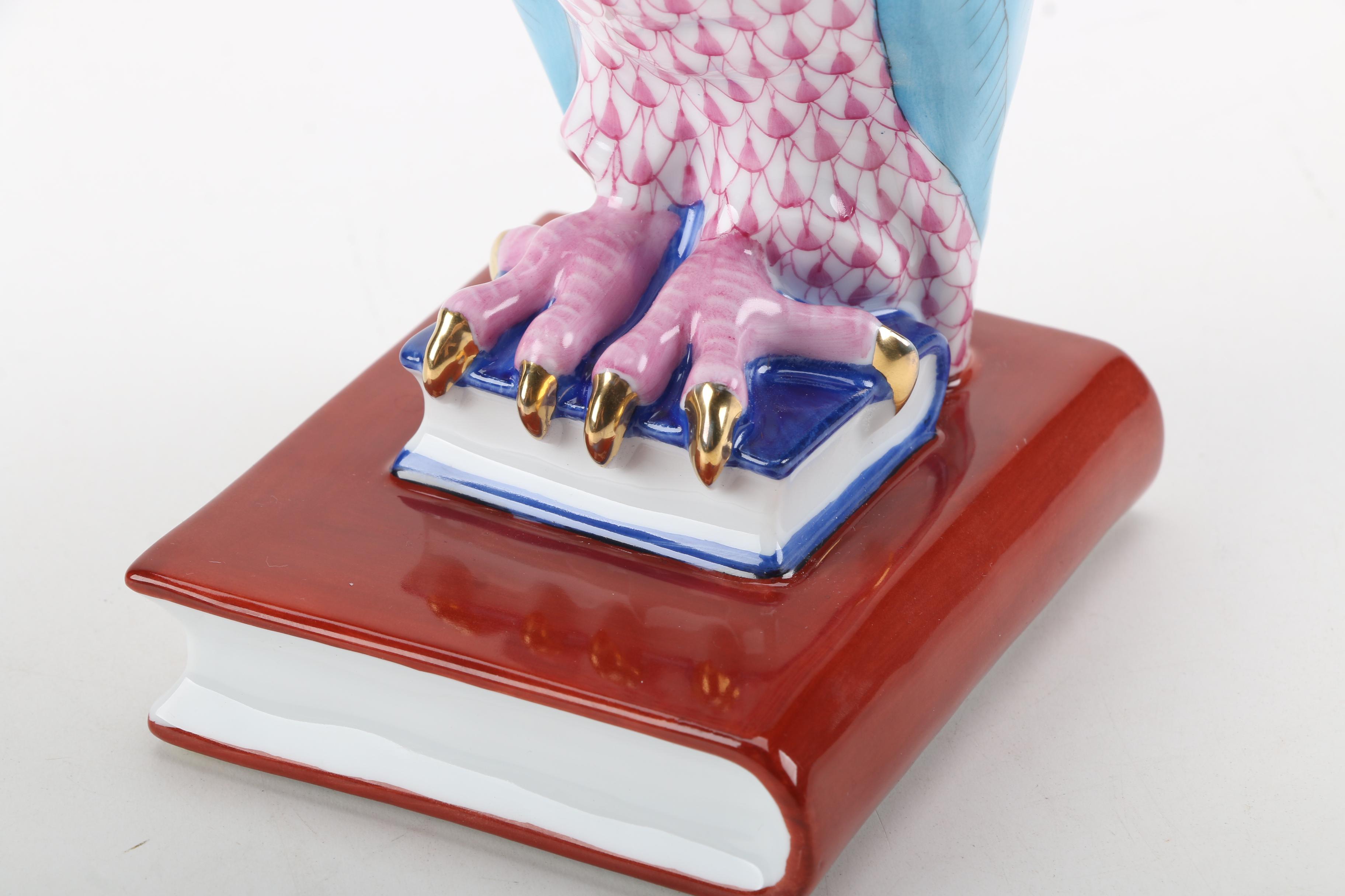 Herend Handmade and Hand-Painted Owl on Books Porcelain Figurine with 24K Gold
