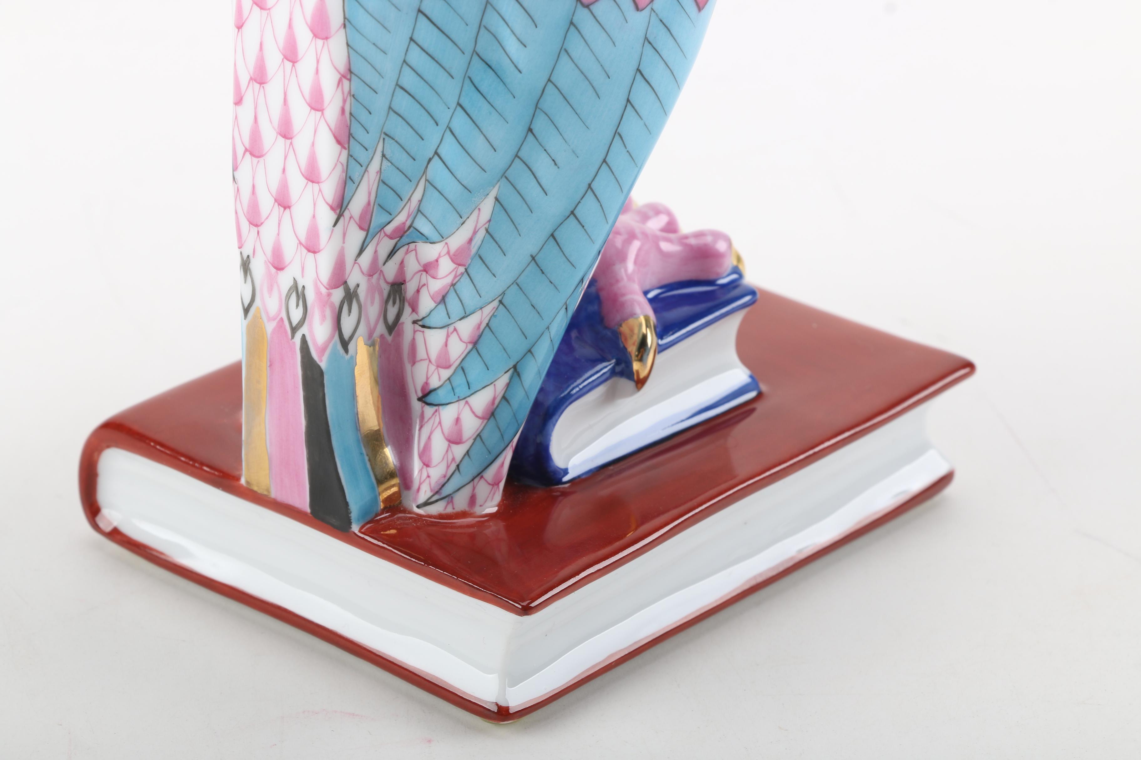 Herend Handmade and Hand-Painted Owl on Books Porcelain Figurine with 24K Gold