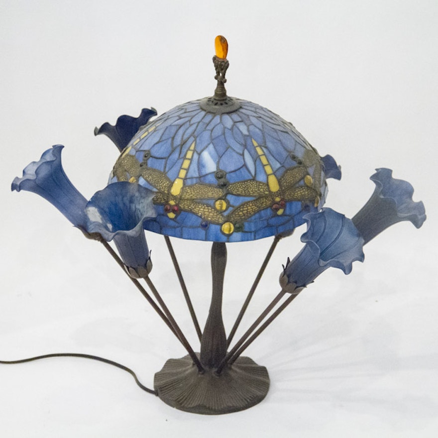 Tiffany Style Stained Glass Dragonfly and Lily Table Lamp