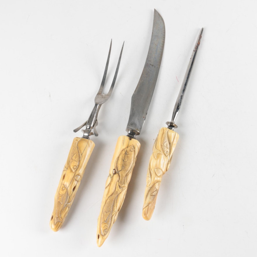 Vintage Carving Set with Carved Antler Handles