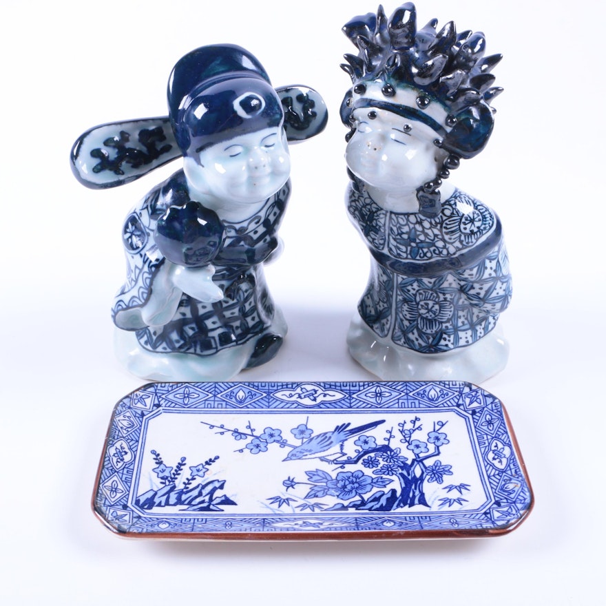 Blue and White Chinoiserie Figurines and Tray