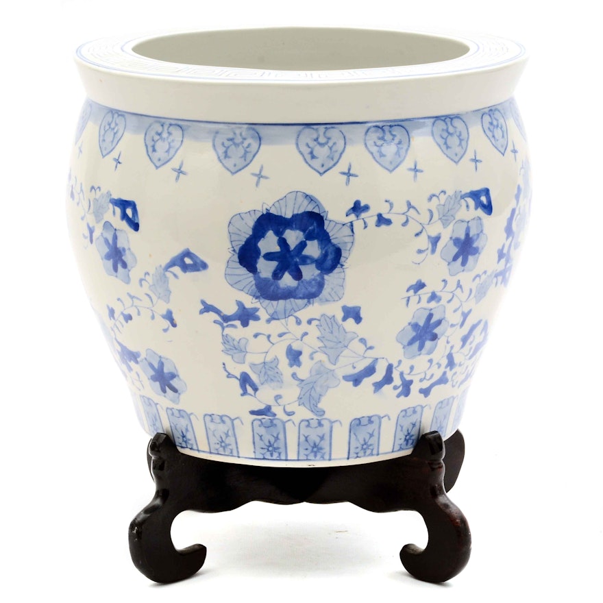 Asian Decorative Blue and White Ceramic Planter with Stand