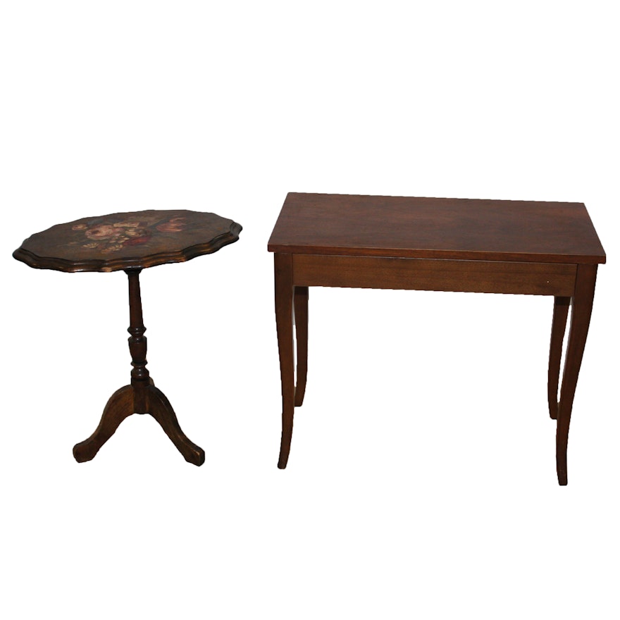 Hand-Painted Floral Tilt-Top Table and Walnut Piano Bench