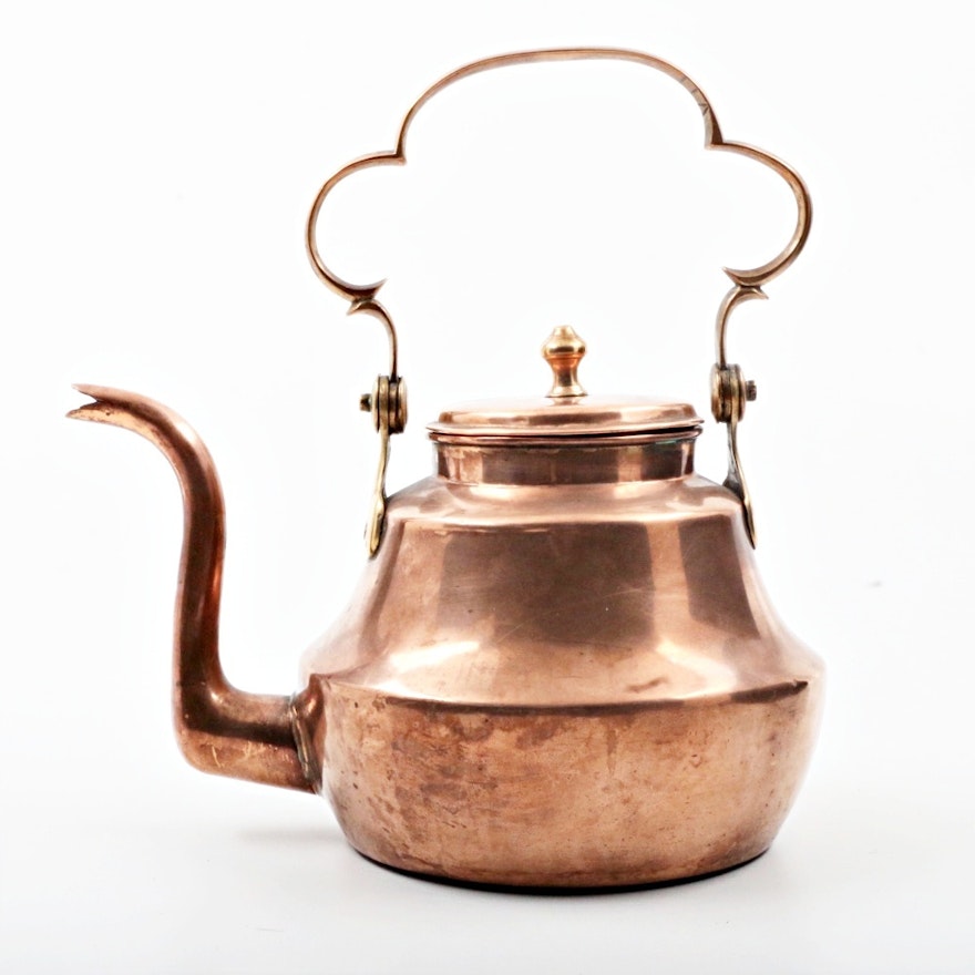Antique Copper and Brass Teapot with Swivel Handle