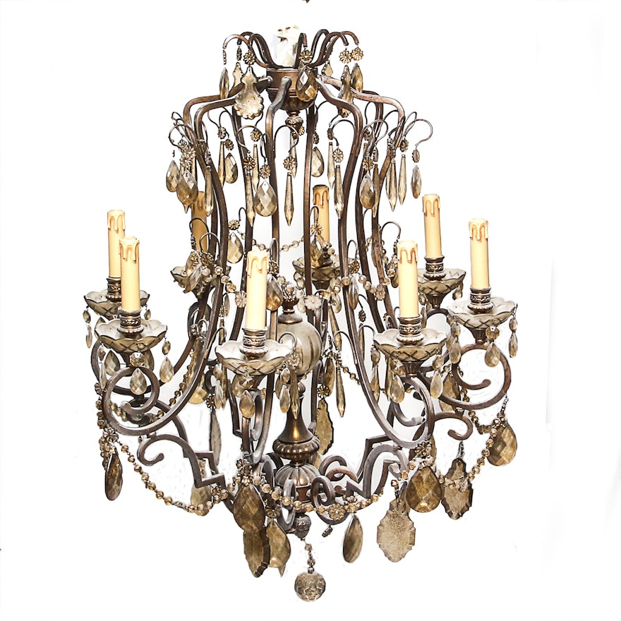 Ornate Vintage Chandelier with Smoked Glass Prisms