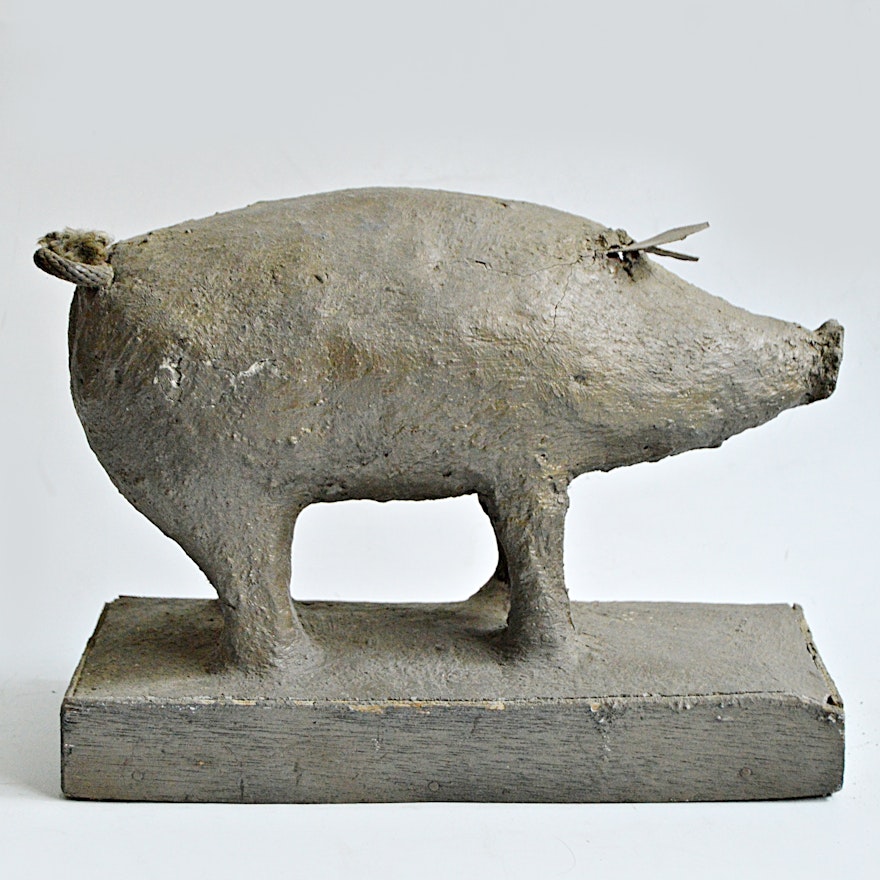 1940s Original Hand Built Folk Art Pig Sculpture